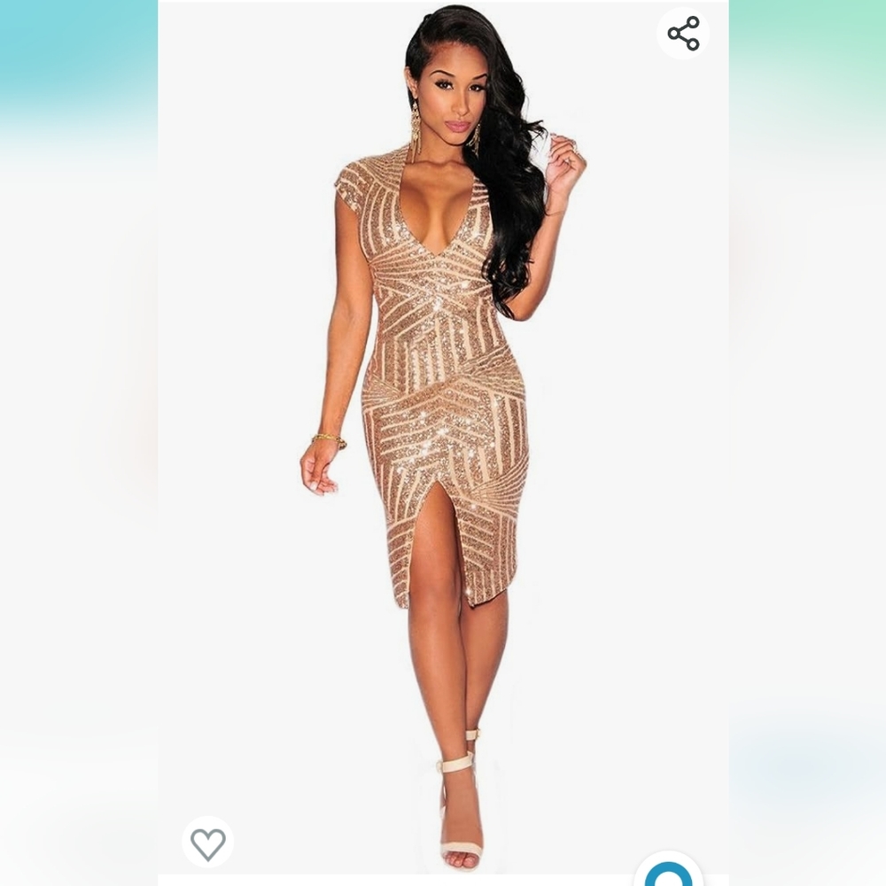 Kearia Women Short Sleeve Deep V-Neck Sequin Split Bodycon Cocktail Party Dress